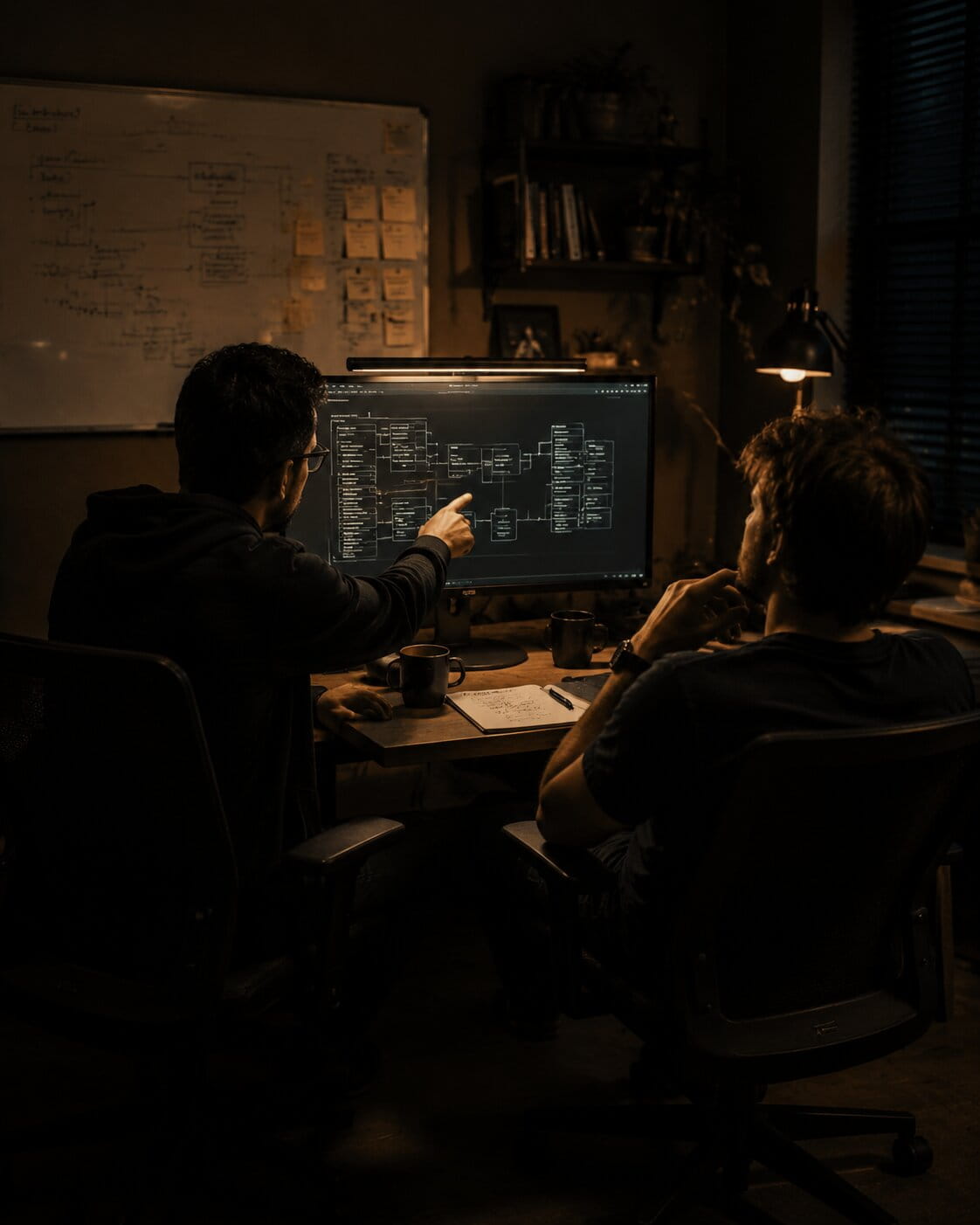 Two Gobrel Labs engineers reviewing a system architecture diagram at a workstation