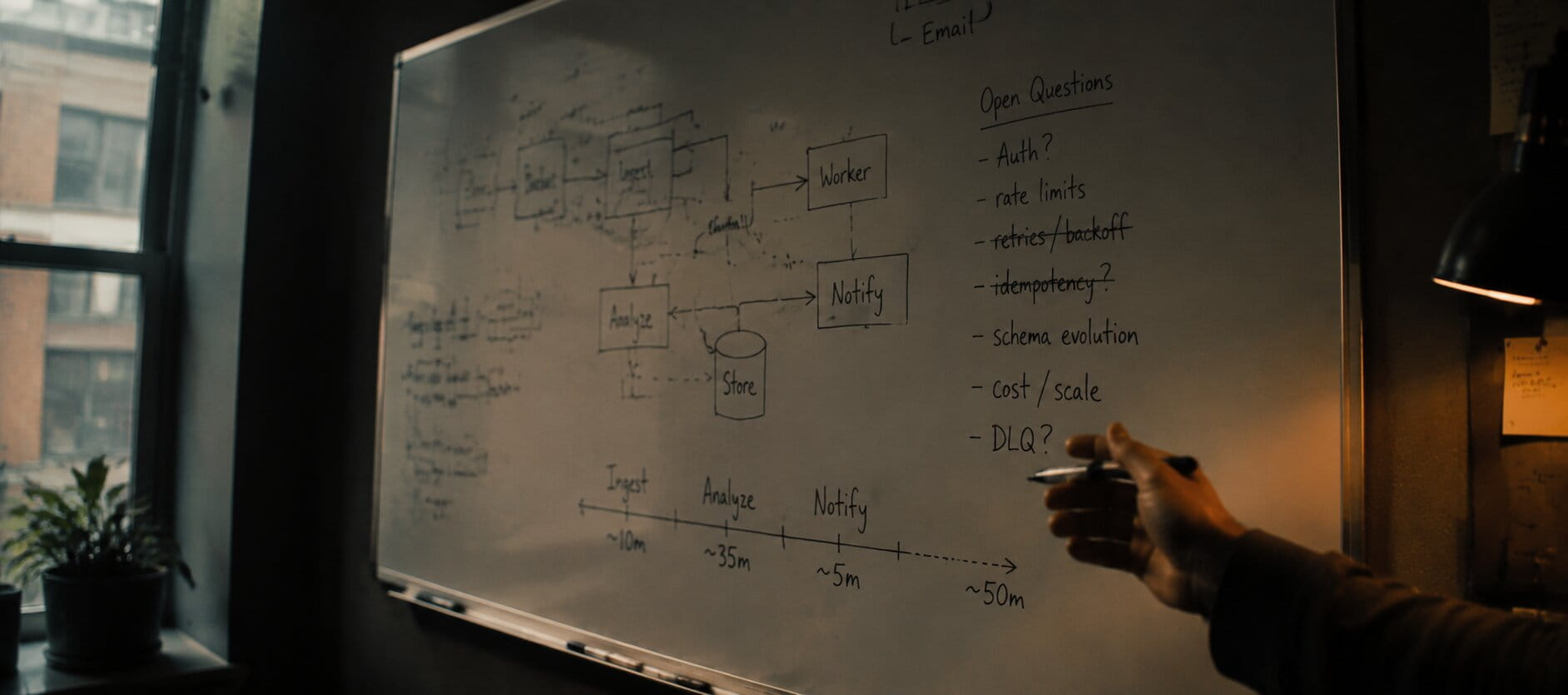 A whiteboard mid-scoping session, covered in system sketches and open questions