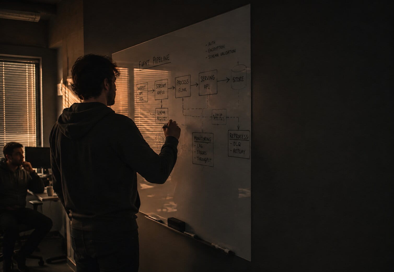 A Gobrel Labs engineer sketching a data pipeline on a glass wall during a working session
